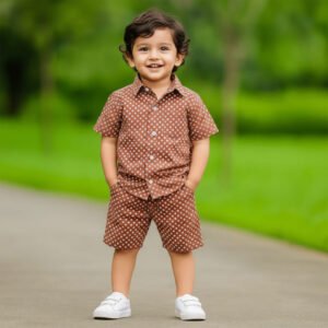 Boys All Over Print Shirt & Pant Set Brown