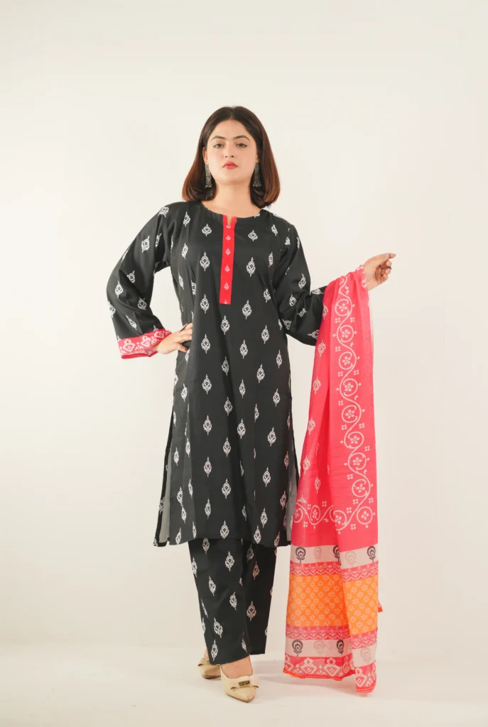 China Microstitch Soft Silk with Digital Print black - Dress Valley
